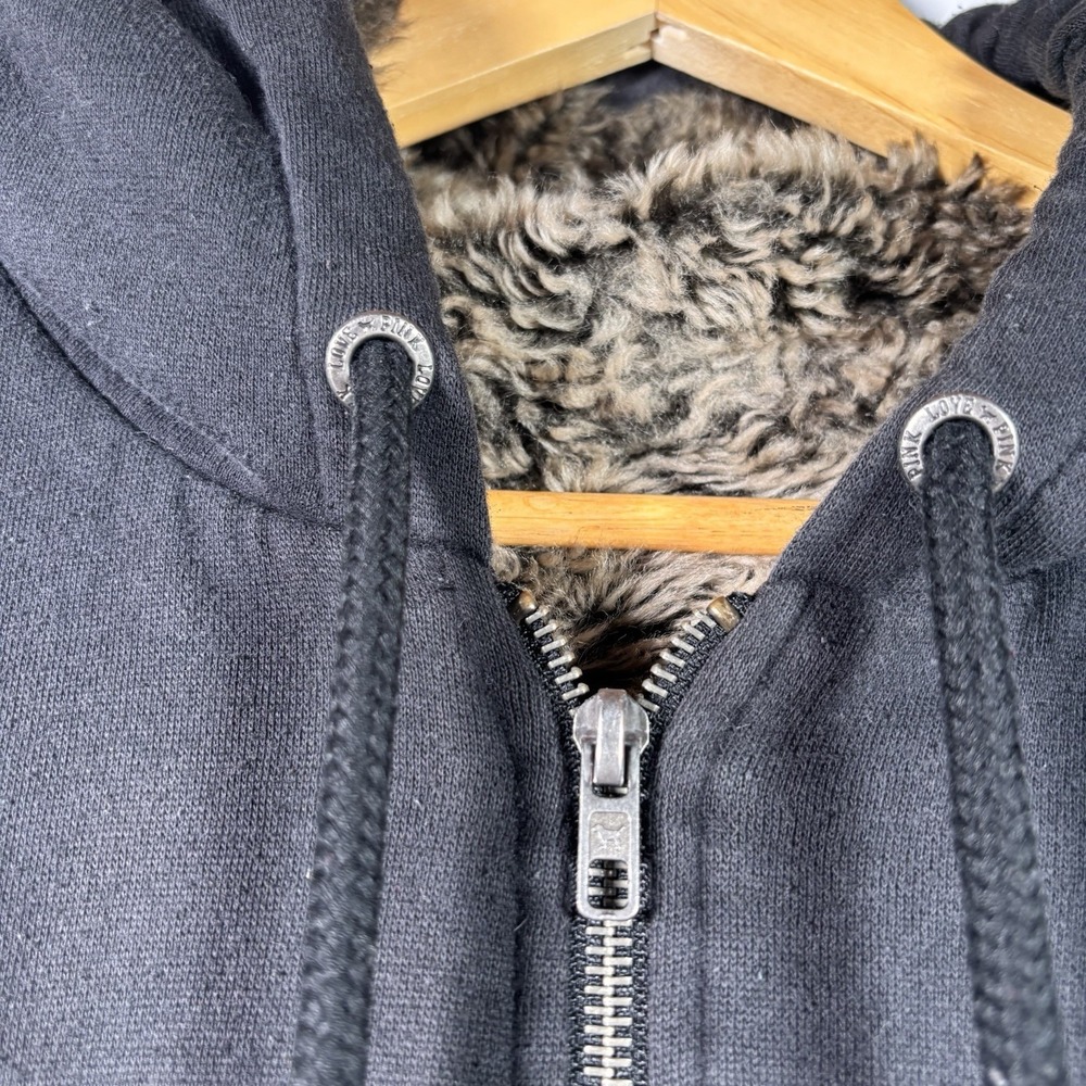 Victorias Secret PINK Y2K Hoodie Large Faux Fur Lined Bling Sequin Full Zip Read - Picture 9 of 11